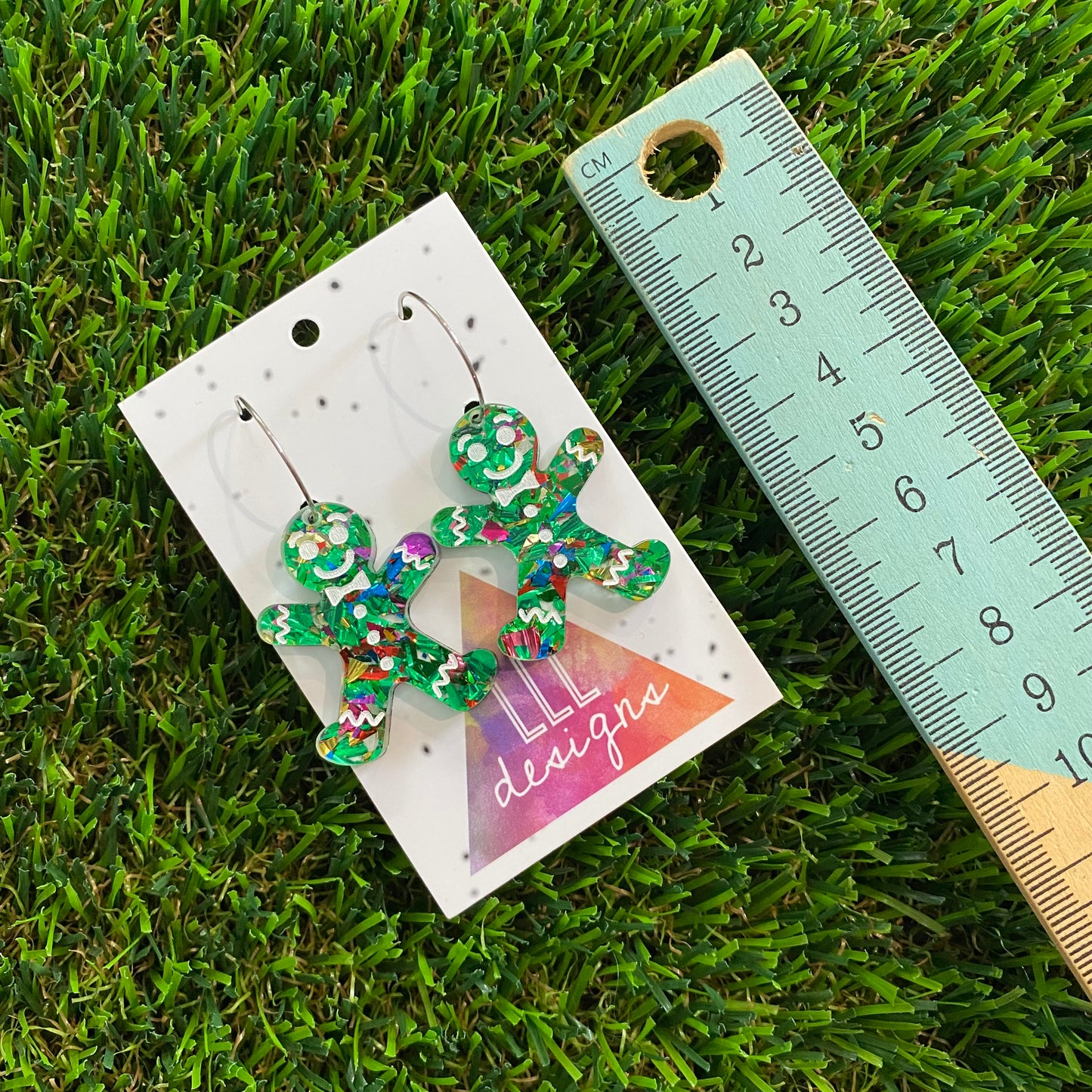 Gingerbread Men Earrings - Green Gingerbread People with Silver Hoops!