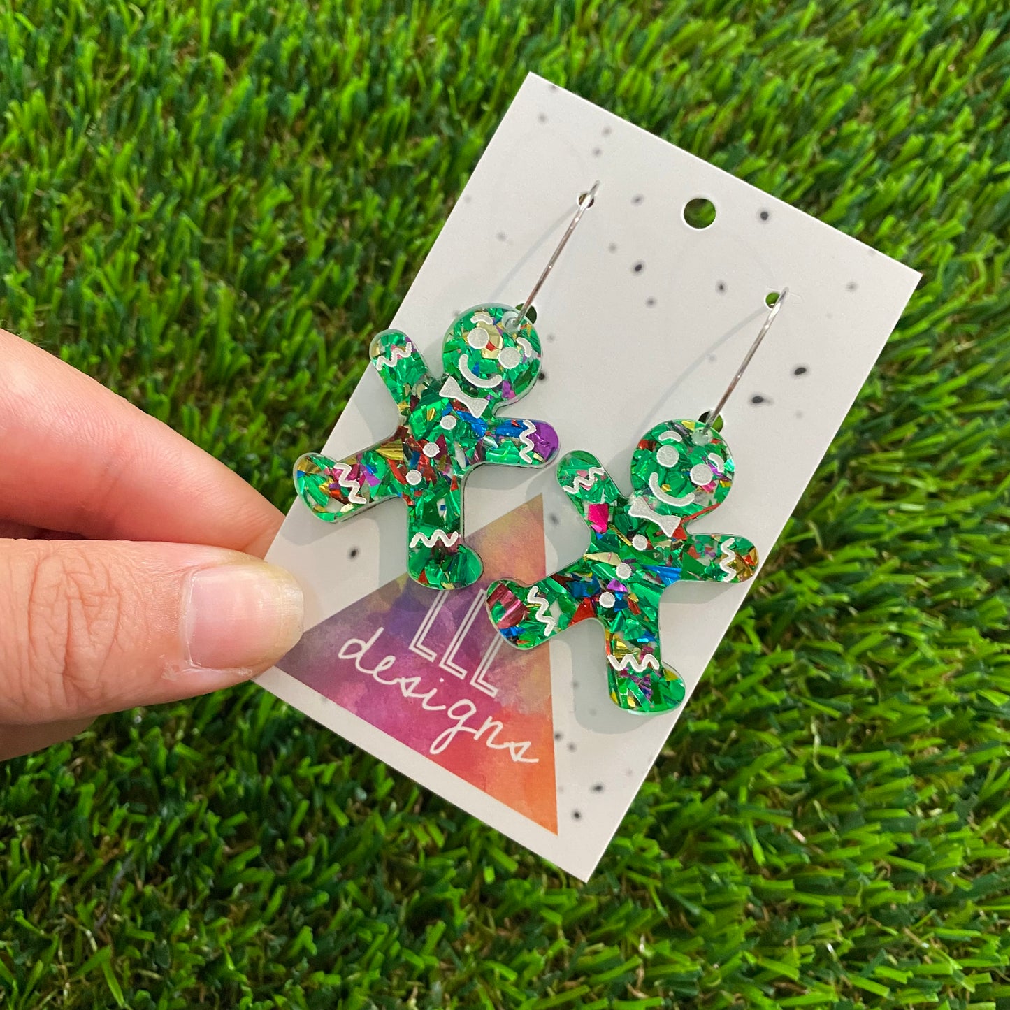 Gingerbread Men Earrings - Green Gingerbread People with Silver Hoops!