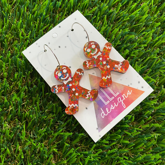 Gingerbread Men Earrings - Red Gingerbread People with Silver Hoops!