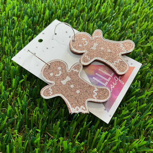 Gingerbread Men Earrings - Dual Layered Cooper Glitter Gingerbread People Hoops!