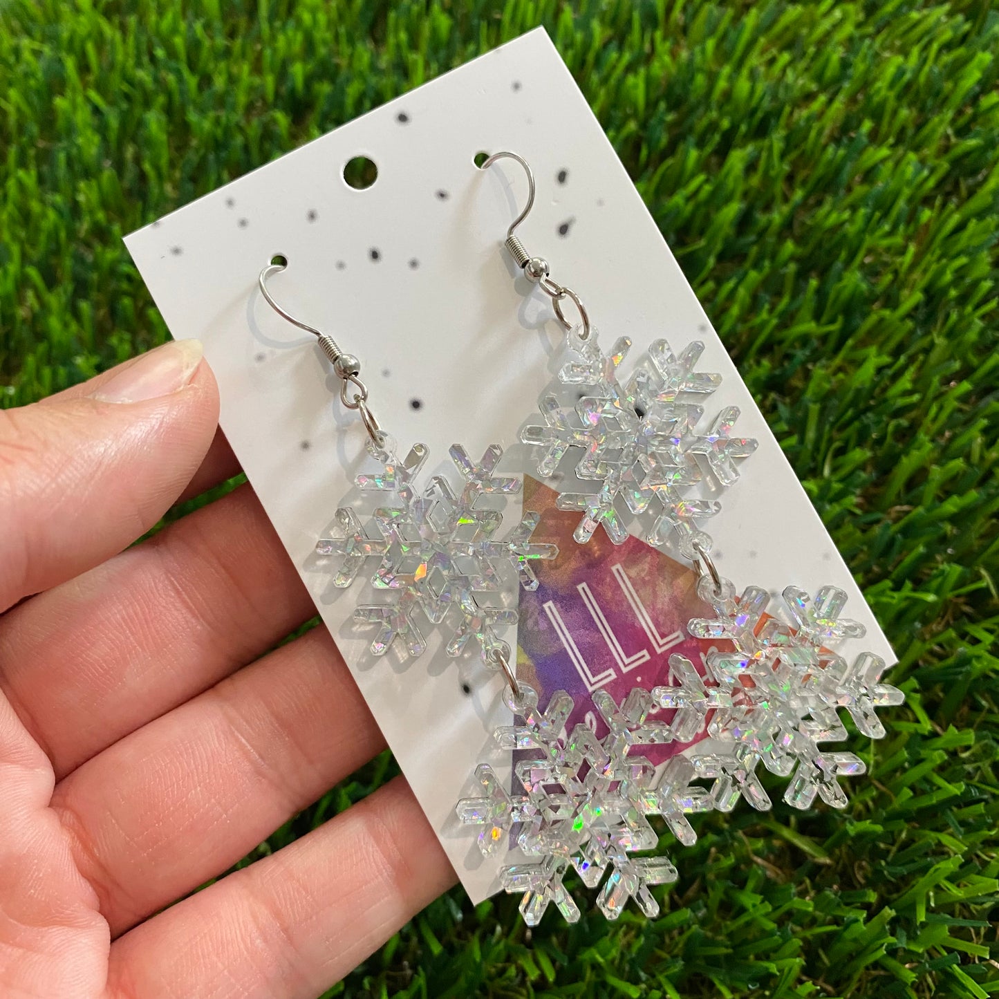 Snowflake Earrings - Double Drop Silver Sparkling Snowflake Hook Earrings!