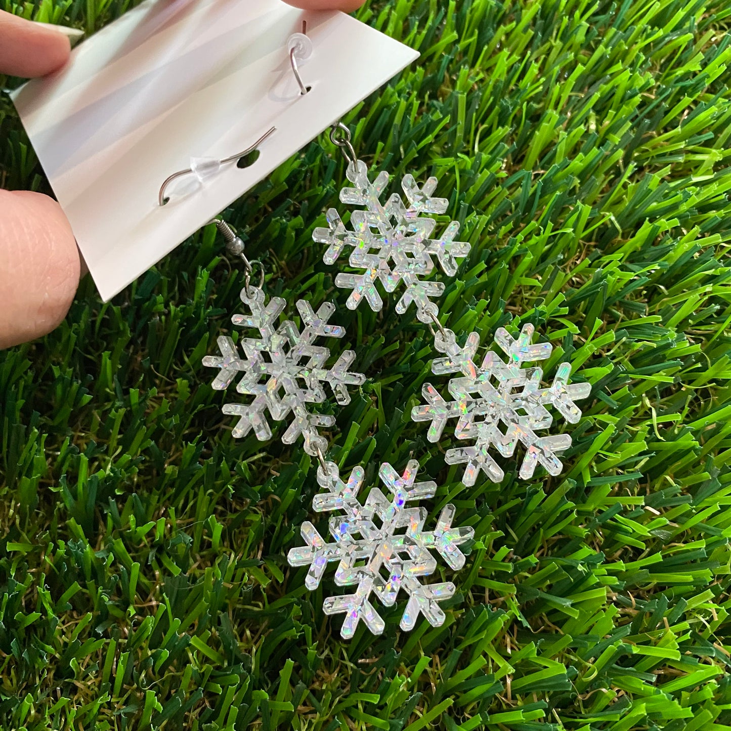 Snowflake Earrings - Double Drop Silver Sparkling Snowflake Hook Earrings!