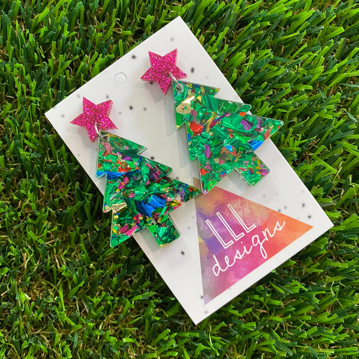 Green Toned Rainbow Metallic Glitz Christmas Tree Statement Dangle Earrings with Pink Glitz Star Tops.