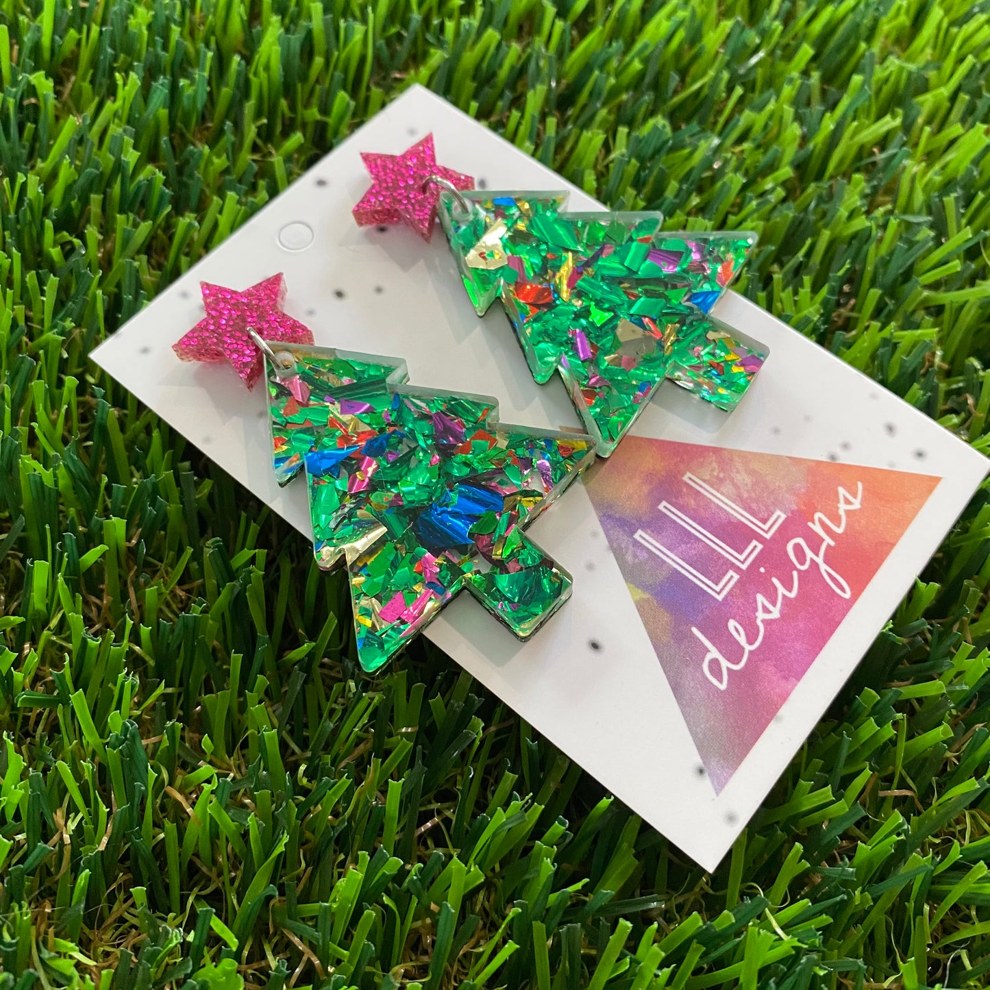 Green Toned Rainbow Metallic Glitz Christmas Tree Statement Dangle Earrings with Pink Glitz Star Tops.