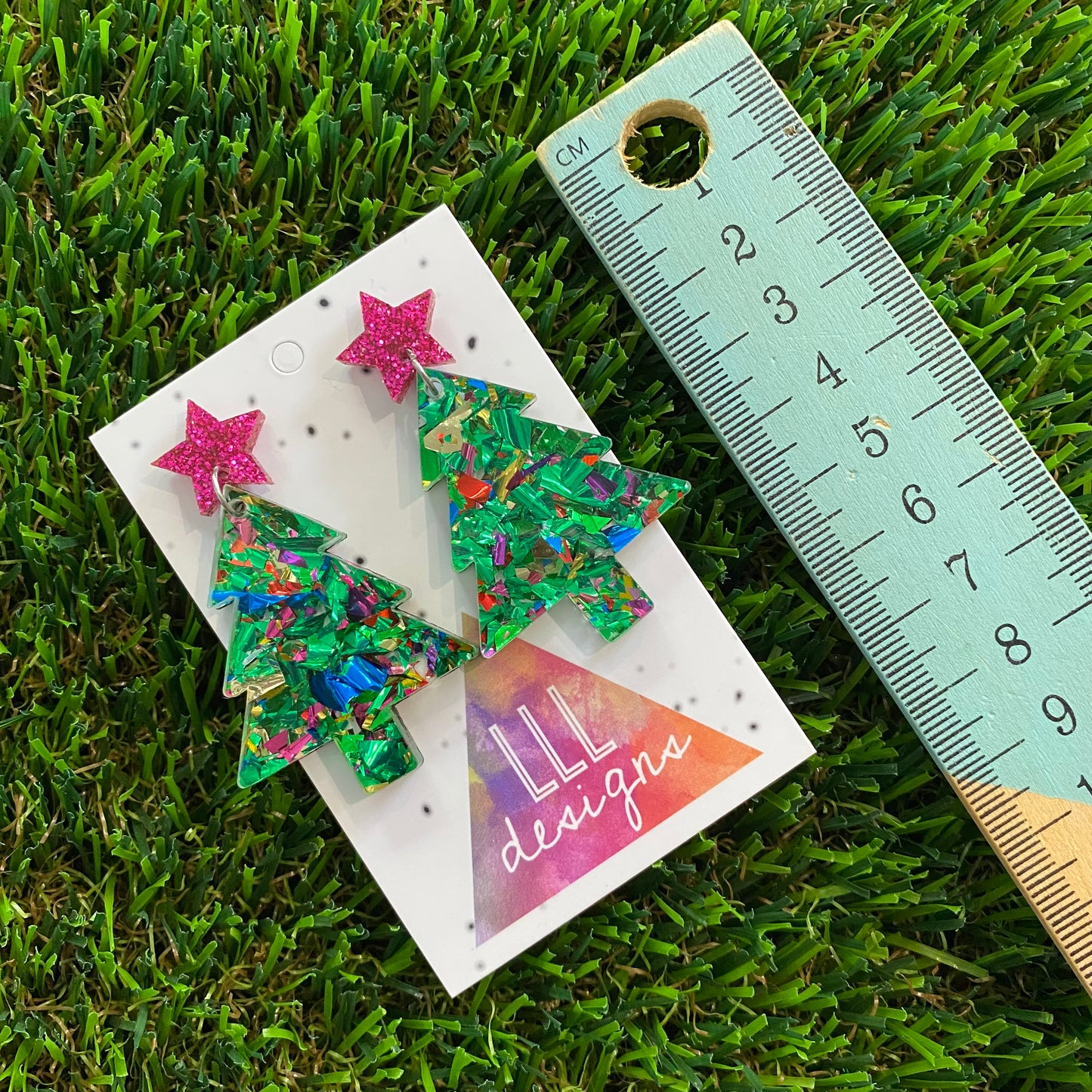 Green Toned Rainbow Metallic Glitz Christmas Tree Statement Dangle Earrings with Pink Glitz Star Tops.