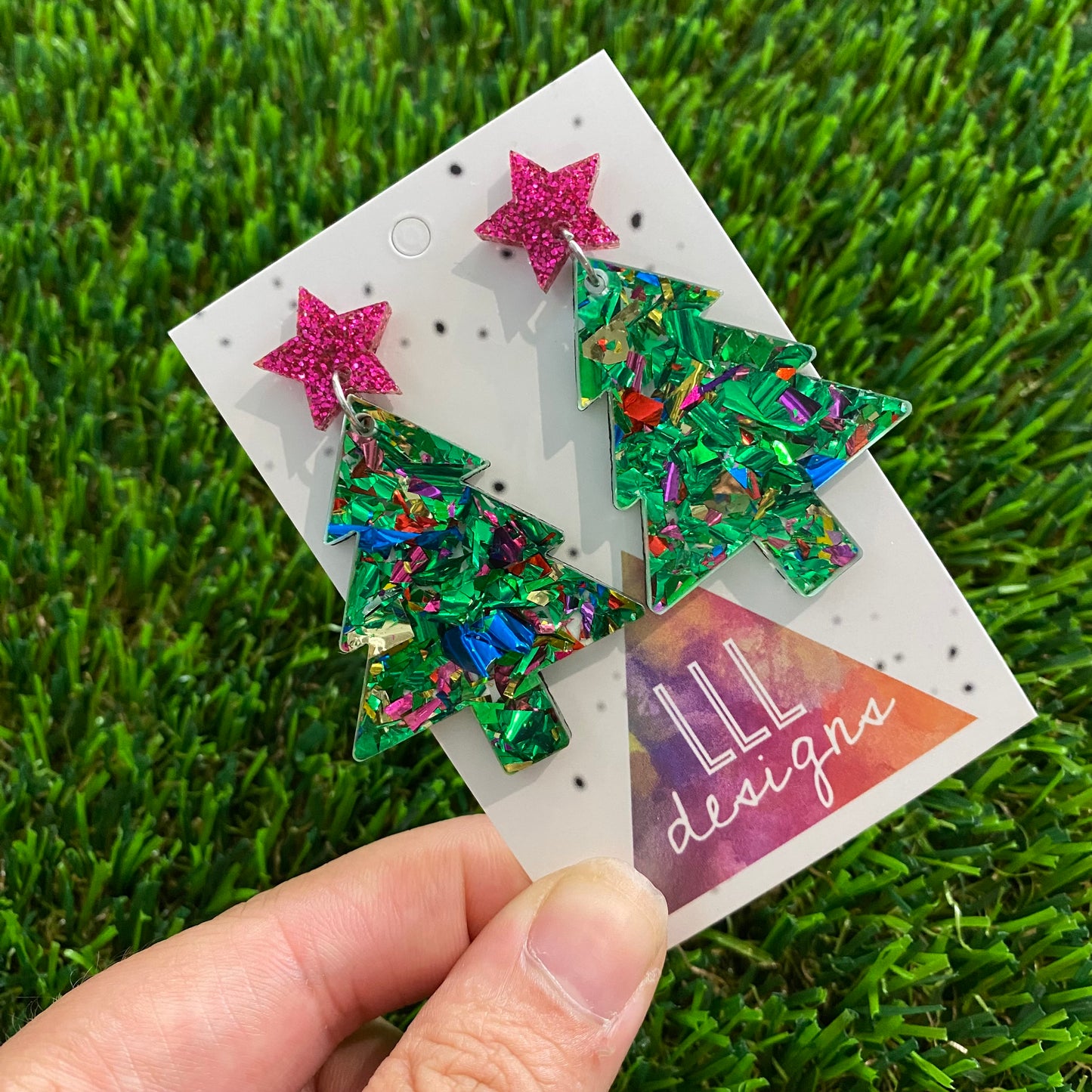 Green Toned Rainbow Metallic Glitz Christmas Tree Statement Dangle Earrings with Pink Glitz Star Tops.