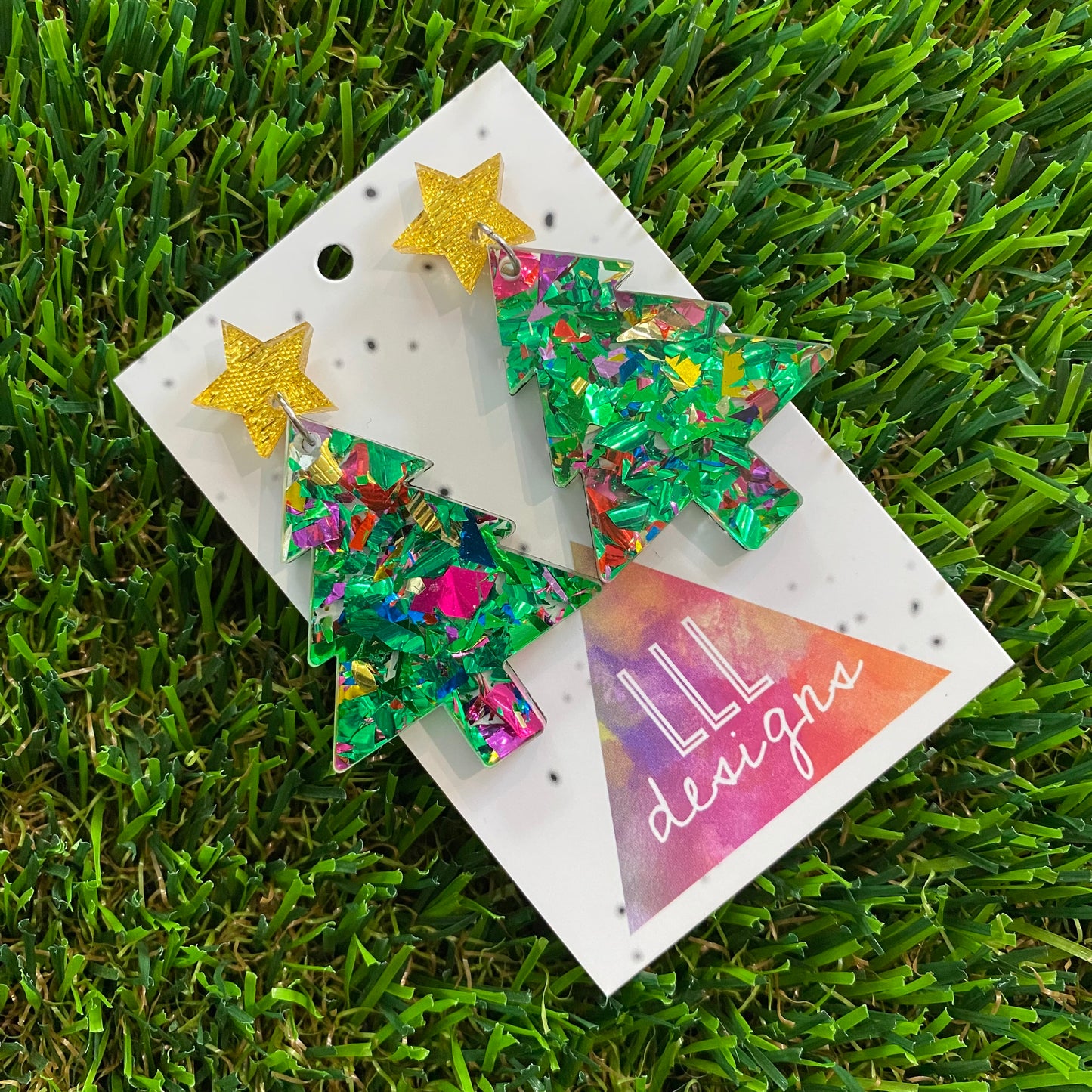 Green Toned Rainbow Metallic Glitz Christmas Tree Statement Dangle Earrings with Gold Glitz Star Tops.