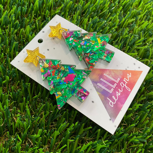 Green Toned Rainbow Metallic Glitz Christmas Tree Statement Dangle Earrings with Gold Glitz Star Tops.