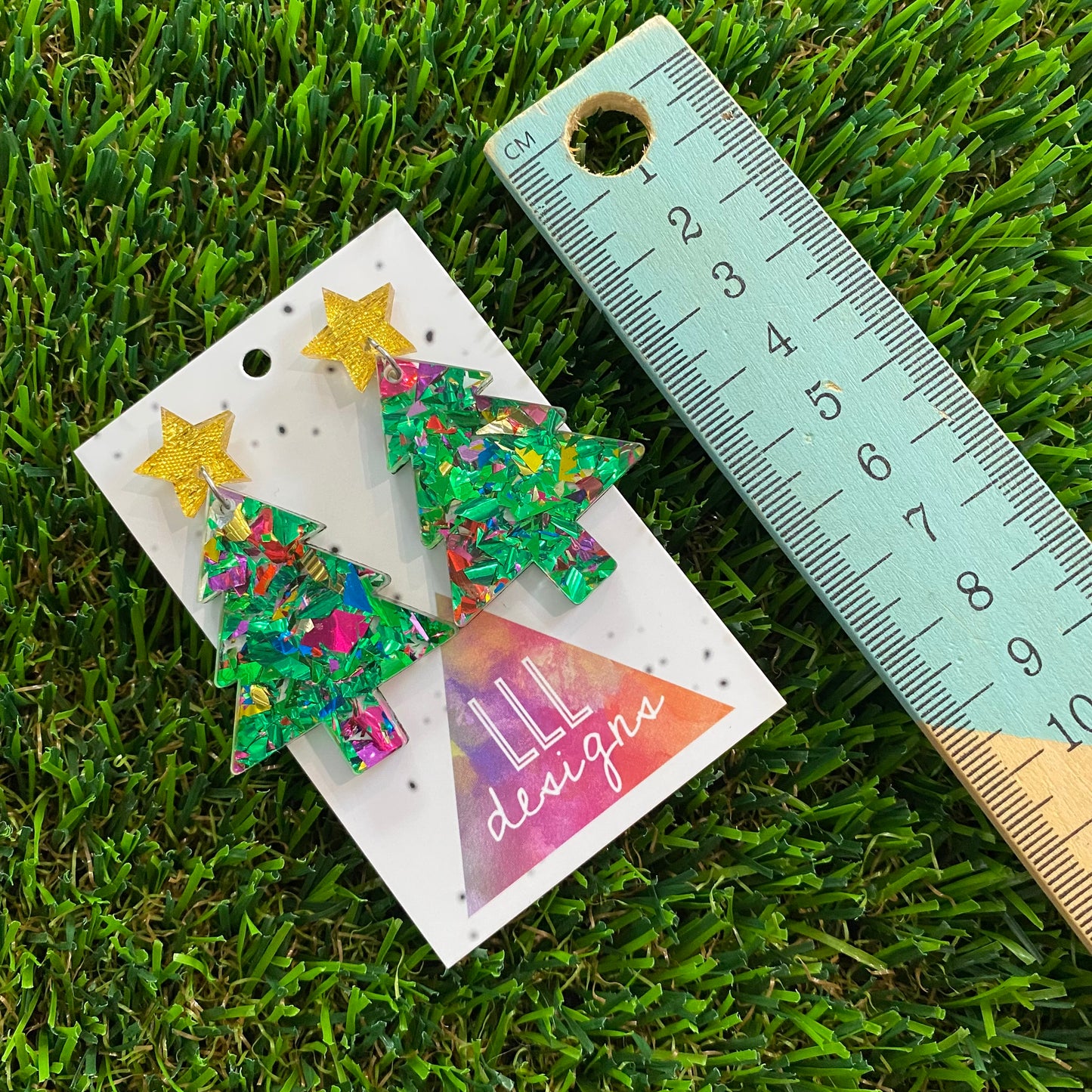 Green Toned Rainbow Metallic Glitz Christmas Tree Statement Dangle Earrings with Gold Glitz Star Tops.