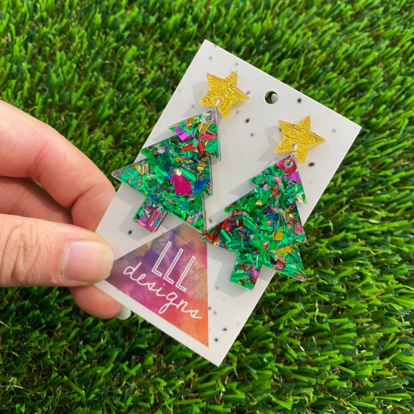 Green Toned Rainbow Metallic Glitz Christmas Tree Statement Dangle Earrings with Gold Glitz Star Tops.