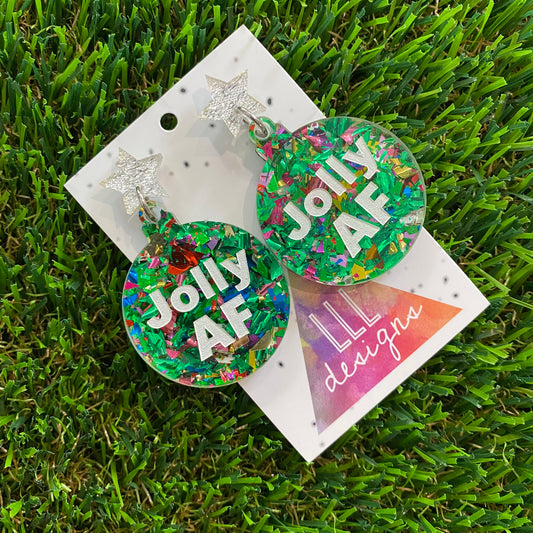 Jolly AF Statement Dangle Earrings in Green Tone and Rainbow Glitter Featuring Silver Star Tops.