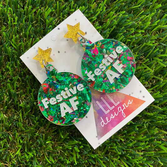 Festive AF Statement Dangle Earrings in Green Tone and Rainbow Glitter Featuring Gold Star Tops.