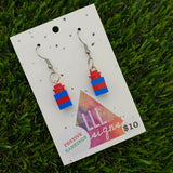 Christmas Brick Dangle Earrings- Blue and Red Brick Dangle Present Earrings on Surgical Stainless Steel Hooks.