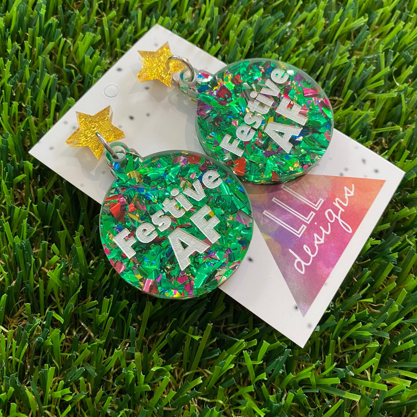 Festive AF Statement Dangle Earrings in Green Tone and Rainbow Glitter Featuring Gold Star Tops.