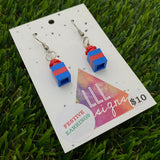 Christmas Brick Dangle Earrings- Blue and Red Brick Dangle Present Earrings on Surgical Stainless Steel Hooks.