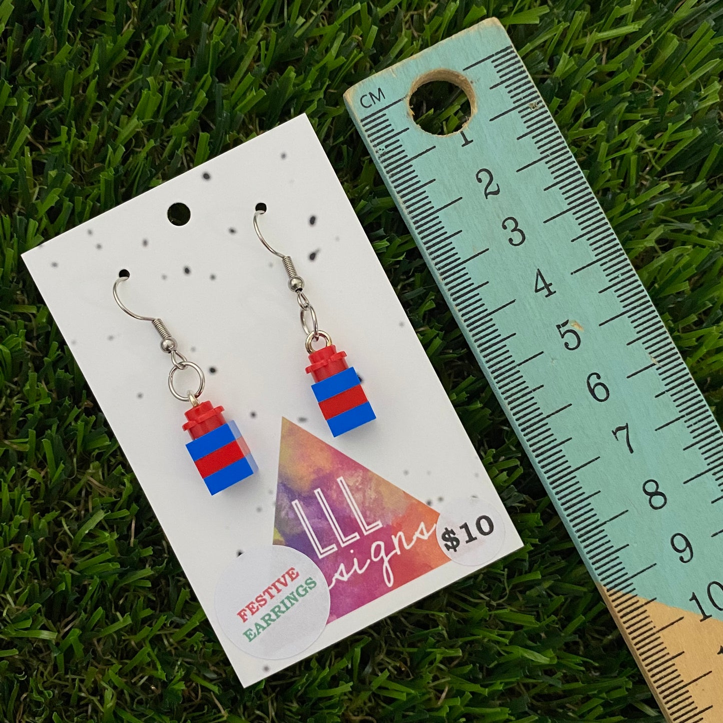 Christmas Brick Dangle Earrings- Blue and Red Brick Dangle Present Earrings on Surgical Stainless Steel Hooks.