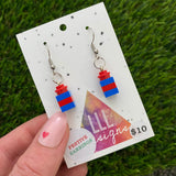 Christmas Brick Dangle Earrings- Blue and Red Brick Dangle Present Earrings on Surgical Stainless Steel Hooks.