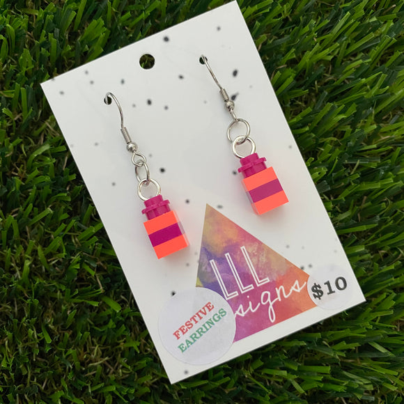 Christmas Brick Dangle Earrings- Neon Pink and Magenta Brick Dangle Present Earrings on Surgical Stainless Steel Hooks