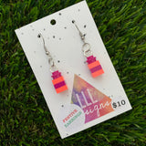 Christmas Brick Dangle Earrings- Neon Pink and Magenta Brick Dangle Present Earrings on Surgical Stainless Steel Hooks