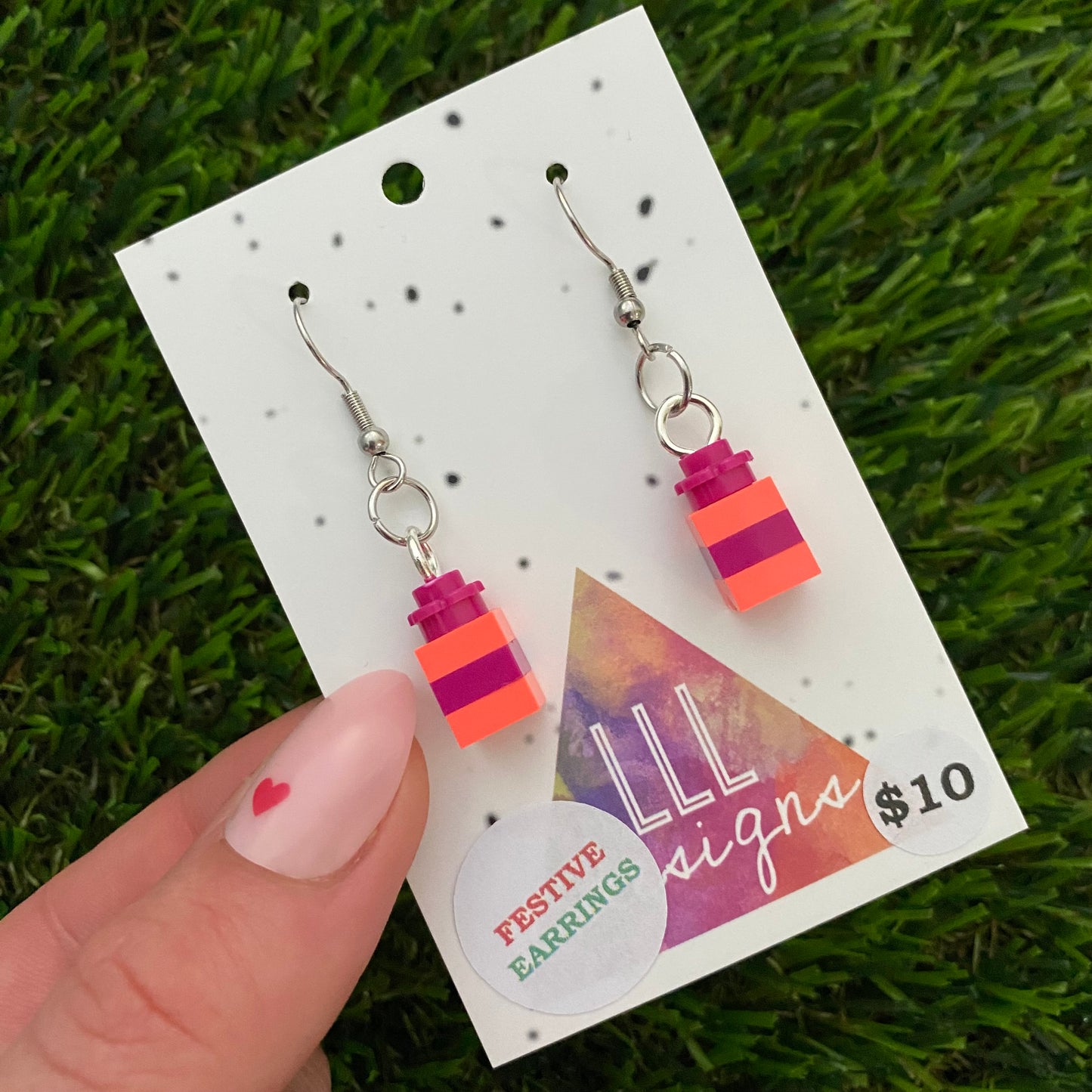 Christmas Brick Dangle Earrings- Neon Pink and Magenta Brick Dangle Present Earrings on Surgical Stainless Steel Hooks