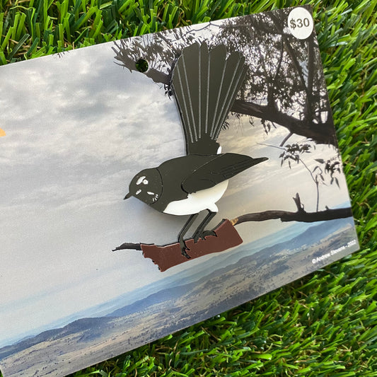 Willie Wagtail Brooch - Detailed Hand Painted Acrylic Bird Brooch.