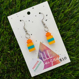 Christmas Brick Dangle Earrings- Orange and Teal Brick Dangle Present Earrings on Surgical Stainless Steel Hooks