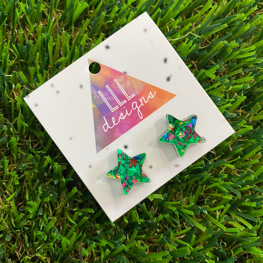 Green Metallic Glitz Star Stud Earrings (Lge)