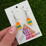 Christmas Brick Dangle Earrings- Orange and Teal Brick Dangle Present Earrings on Surgical Stainless Steel Hooks