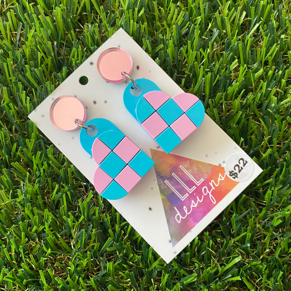 Tile Heart Earrings - #6 Pink and Blue Geometric Tile Hearts - these feature a mirror pink stud that will make you SHINE!