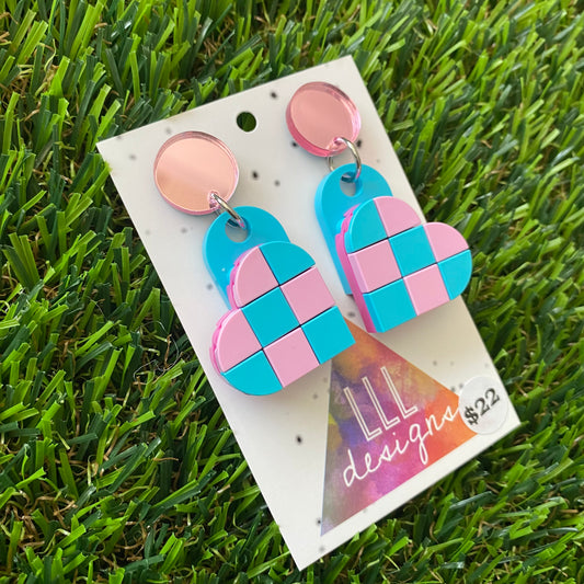Tile Heart Earrings - #6 Pink and Blue Geometric Tile Hearts - these feature a mirror pink stud that will make you SHINE!