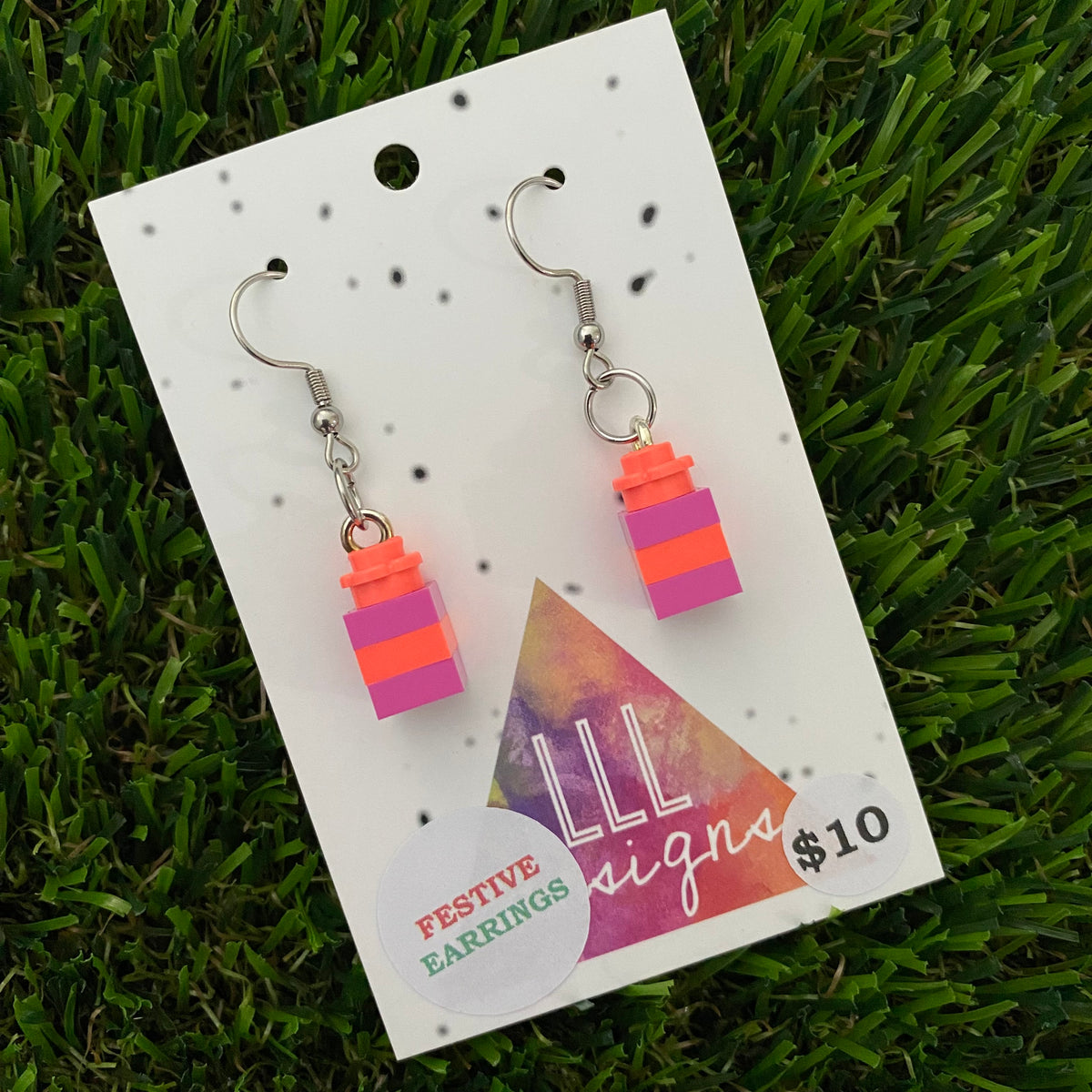 Christmas Brick Dangle Earrings- Neon Pink and Purple Brick Dangle Present Earrings on Surgical Stainless Steel Hooks.