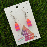 Christmas Brick Dangle Earrings- Neon Pink and Purple Brick Dangle Present Earrings on Surgical Stainless Steel Hooks.