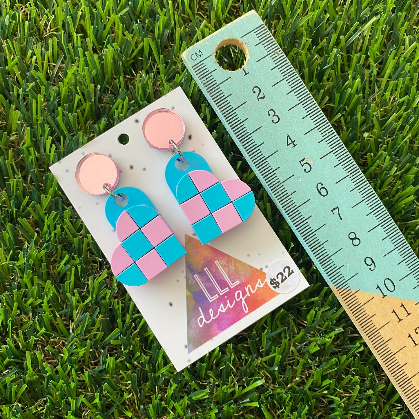 Tile Heart Earrings - #6 Pink and Blue Geometric Tile Hearts - these feature a mirror pink stud that will make you SHINE!