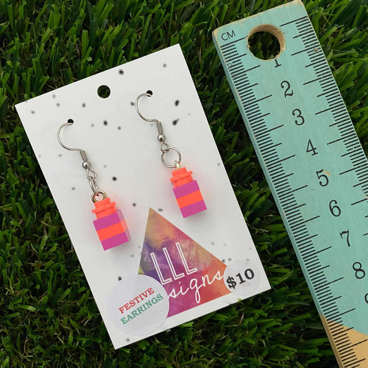 Christmas Brick Dangle Earrings- Neon Pink and Purple Brick Dangle Present Earrings on Surgical Stainless Steel Hooks.