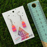 Christmas Brick Dangle Earrings- Neon Pink and Purple Brick Dangle Present Earrings on Surgical Stainless Steel Hooks.
