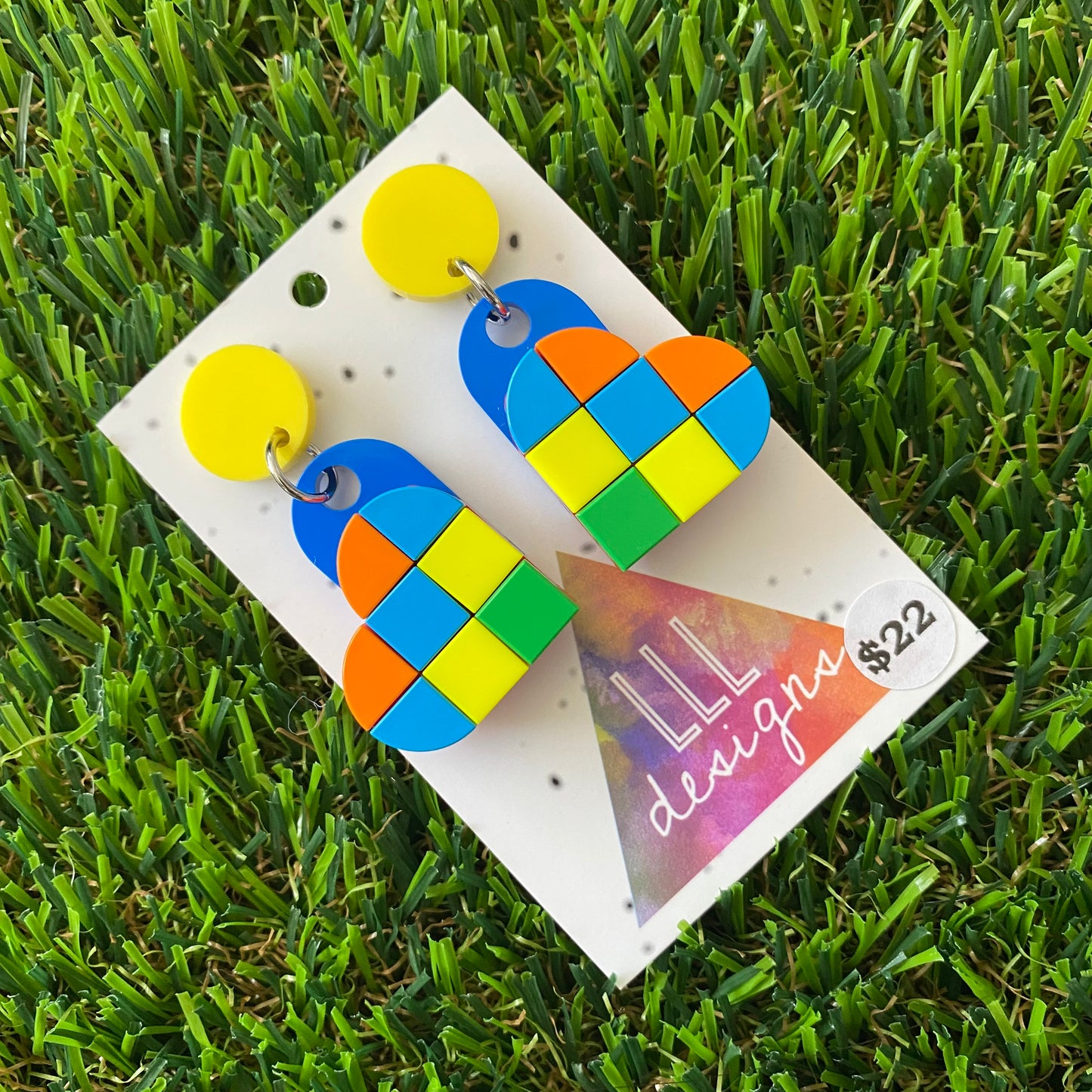 Tile Heart Earrings - #7 Bold Statement Colors with a POP of yellow - these feature a yellow stud and are so Playful!