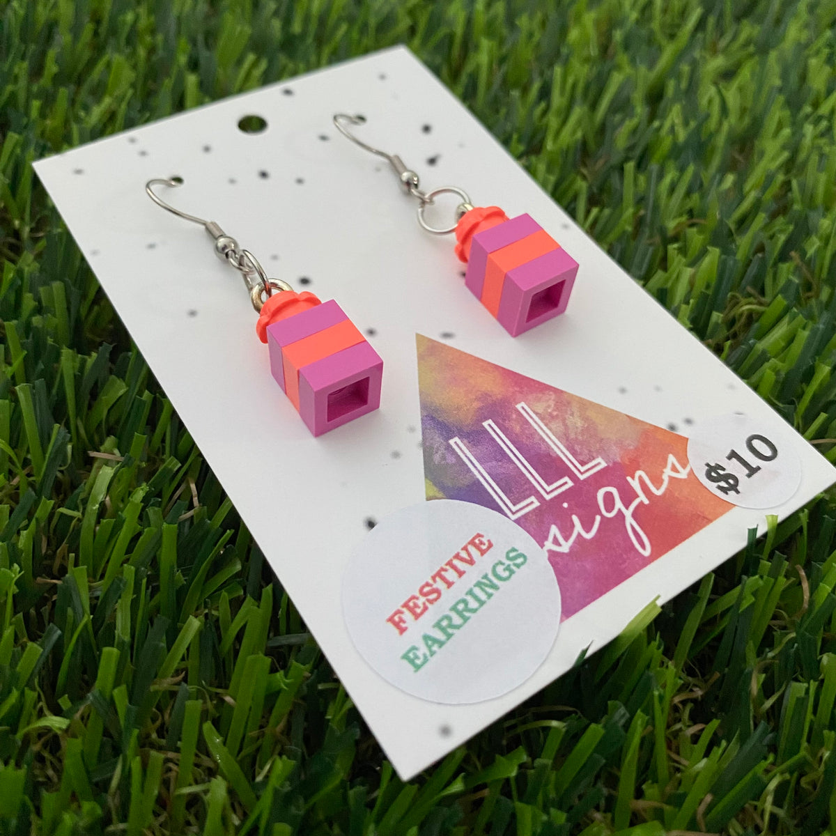Christmas Brick Dangle Earrings- Neon Pink and Purple Brick Dangle Present Earrings on Surgical Stainless Steel Hooks.