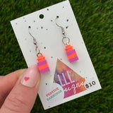 Christmas Brick Dangle Earrings- Neon Pink and Purple Brick Dangle Present Earrings on Surgical Stainless Steel Hooks.