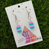 Christmas Brick Dangle Earrings- Pink and Blue Brick Dangle Present Earrings on Surgical Stainless Steel Hooks.