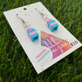 Christmas Brick Dangle Earrings- Pink and Blue Brick Dangle Present Earrings on Surgical Stainless Steel Hooks.