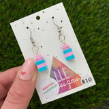 Christmas Brick Dangle Earrings- Pink and Blue Brick Dangle Present Earrings on Surgical Stainless Steel Hooks.