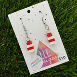 Christmas Brick Dangle Earrings- Red and White Brick Dangle Present Earrings on Surgical Stainless Steel Hooks