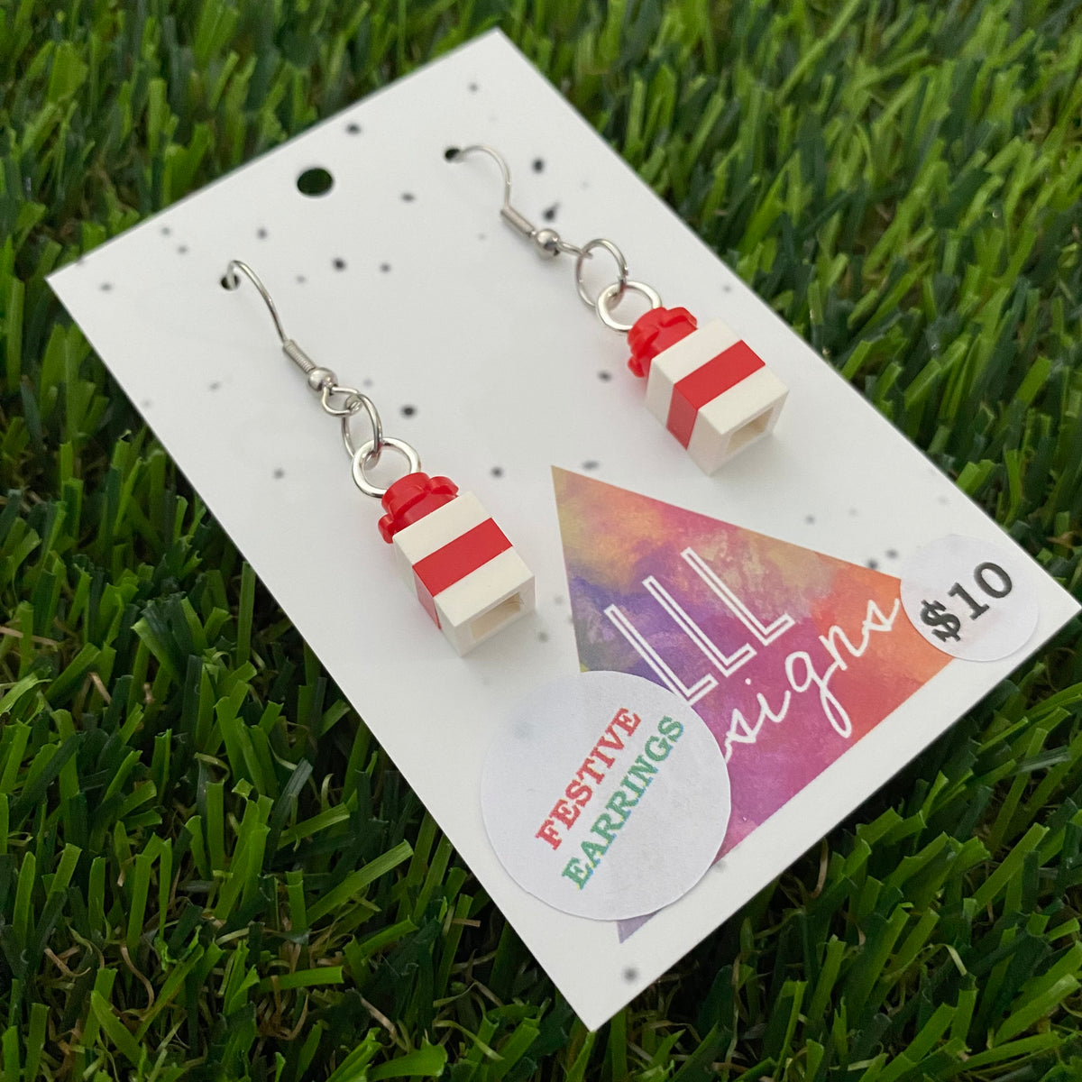 Christmas Brick Dangle Earrings- Red and White Brick Dangle Present Earrings on Surgical Stainless Steel Hooks