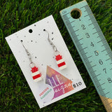 Christmas Brick Dangle Earrings- Red and White Brick Dangle Present Earrings on Surgical Stainless Steel Hooks