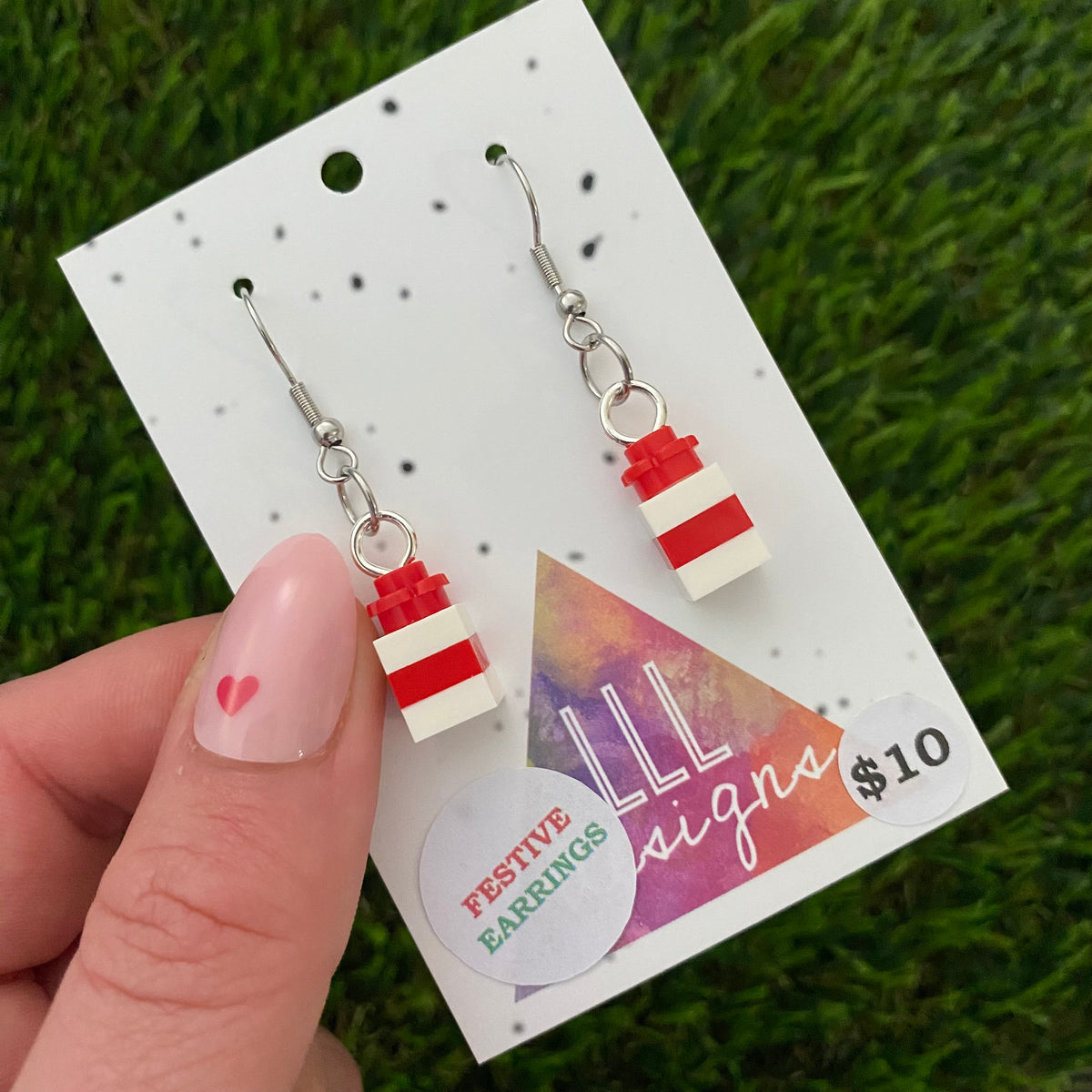 Christmas Brick Dangle Earrings- Red and White Brick Dangle Present Earrings on Surgical Stainless Steel Hooks