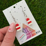 Christmas Brick Dangle Earrings- Red and White Brick Dangle Present Earrings on Surgical Stainless Steel Hooks