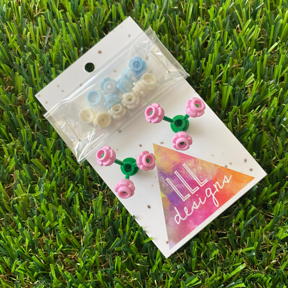 Mini Blooming Stud Earrings - #4 Three Pastel Pink Flowers with Twelve Additional White and Baby Blue Flowers - Personalize your Earrings to make a STATEMENT!
