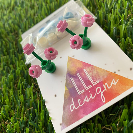 Mini Blooming Stud Earrings - #4 Three Pastel Pink Flowers with Twelve Additional White and Baby Blue Flowers - Personalize your Earrings to make a STATEMENT!