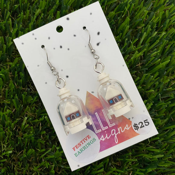 Christmas Brick Snow Globe Dangle Earrings- Printed Snow Globe Earrings on Surgical Stainless Steel Hooks