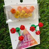 Mini Blooming Stud Earrings - #5 Three Vibrant Red Flowers with Twelve Additional Yellow and Orange Flowers - These Babys make a STATEMENT!